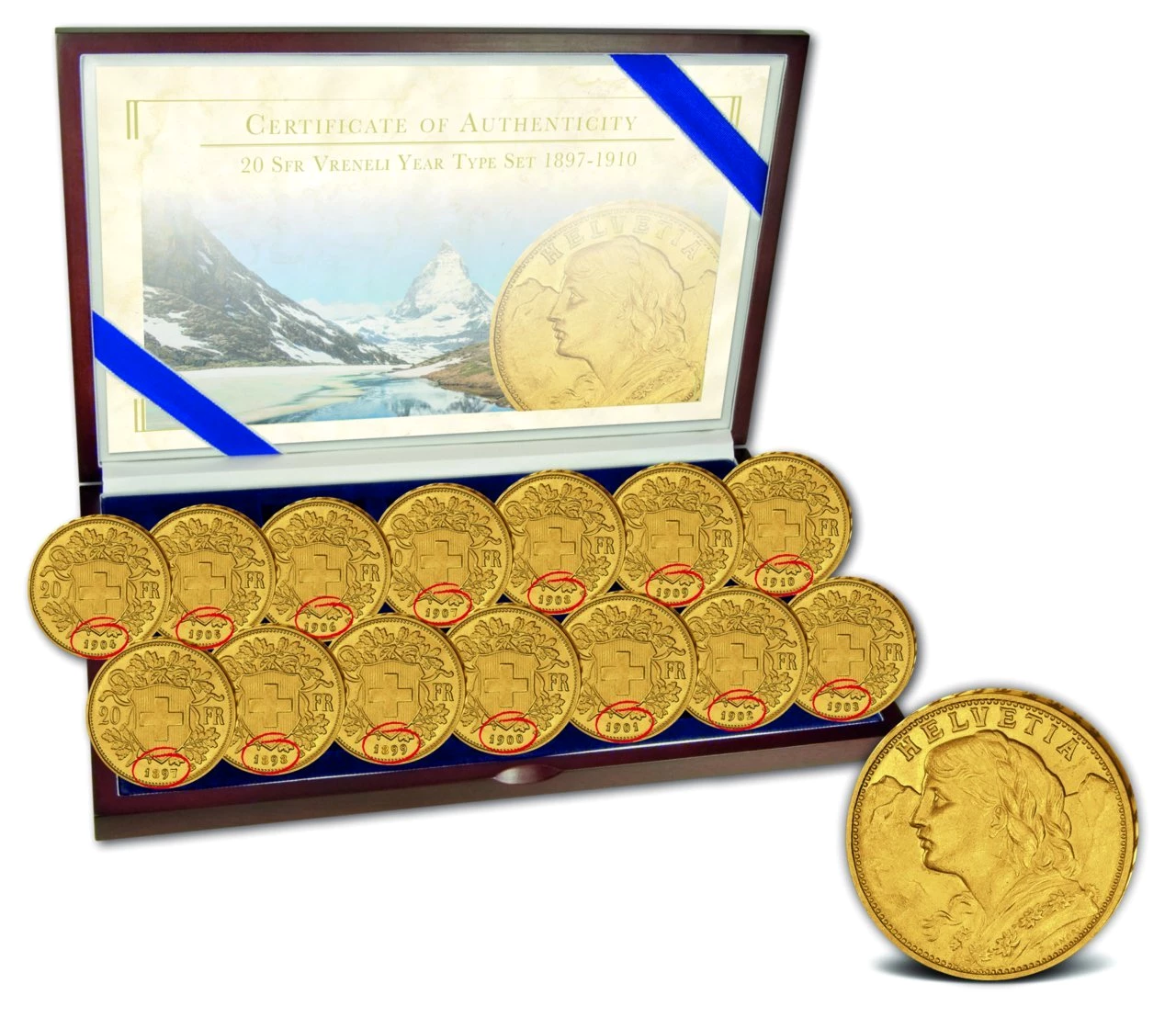 Komplettsatz 14x20 Schweizer Franken Gold Vreneli (1897-1910)