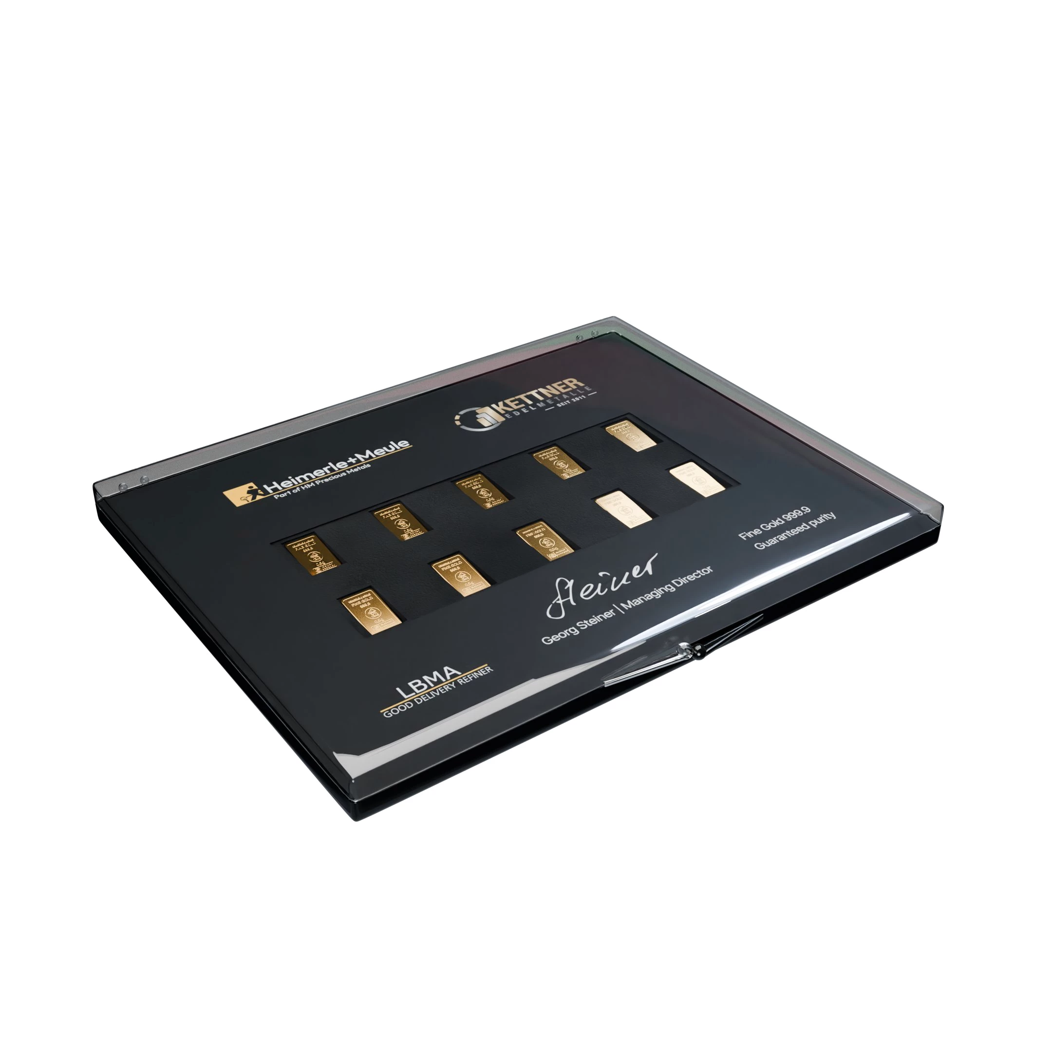 10 x 0,5g Goldbarren Heimerle und Meule Sammlerbox