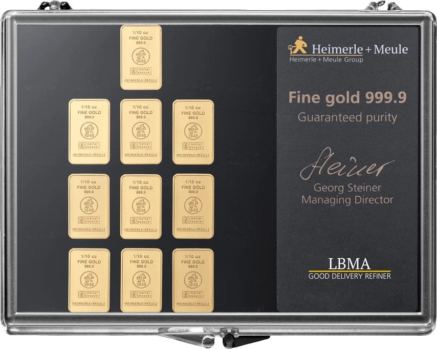 10 x 1/10 Unze Goldbarren Heimerle und Meule Sammlerbox